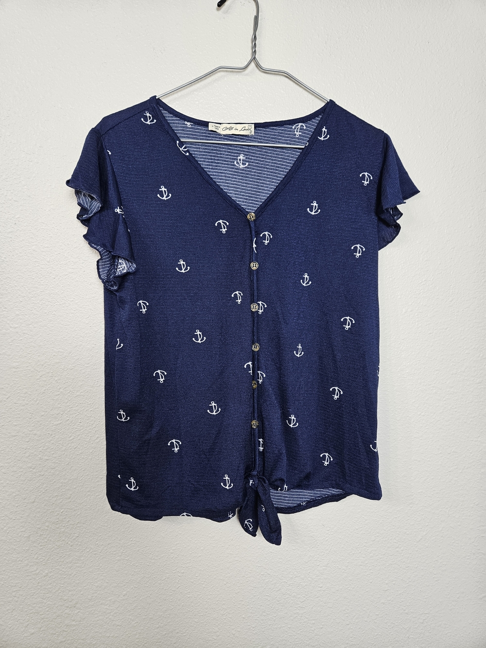 Nautical Anchor Print Navy Button-Front Tie Hem Top Size Medium